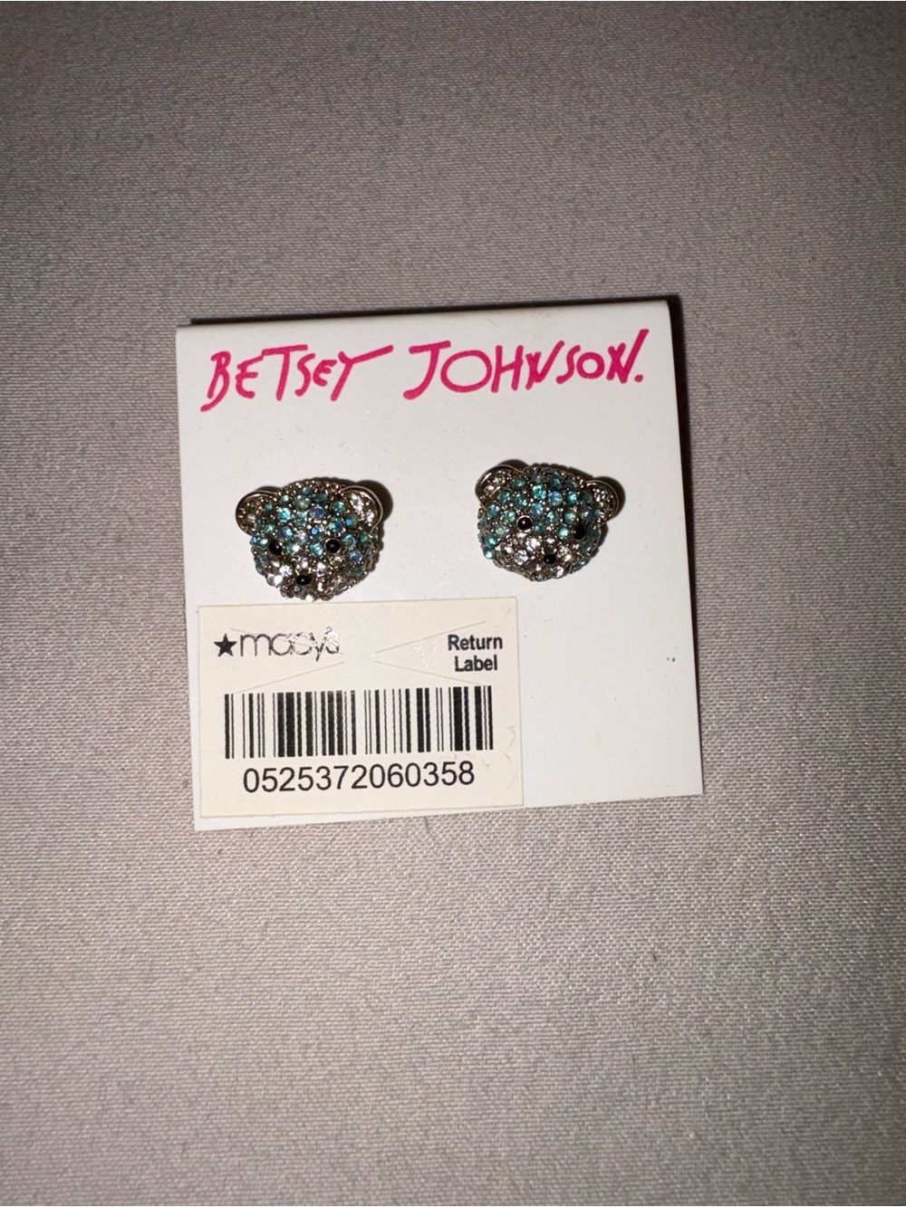Betsey Johnson Turquoise and Clear Crystal Teddy Bear Stud Earrings